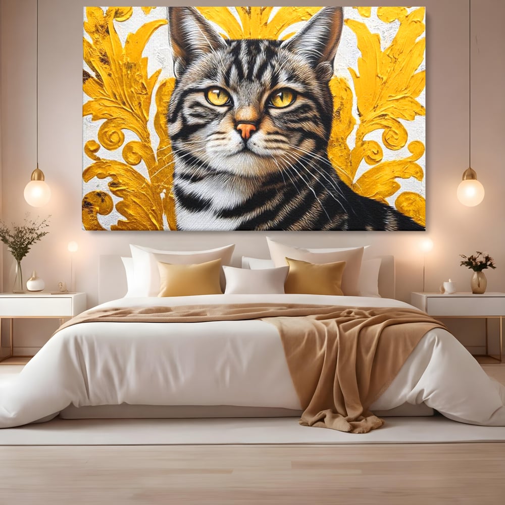 Tablou canvas cu tablou canvas cu motan tigrat, fara rama, pe sasiu de lemn, pe perete intr-un dormitor